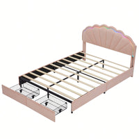 Full Size Upholstered Pink LED Bed Frame With Storage Drawers And Stylish Petal Headboard For Girls