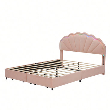 Full Size Upholstered Pink LED Bed Frame With Storage Drawers And Stylish Petal Headboard For Girls