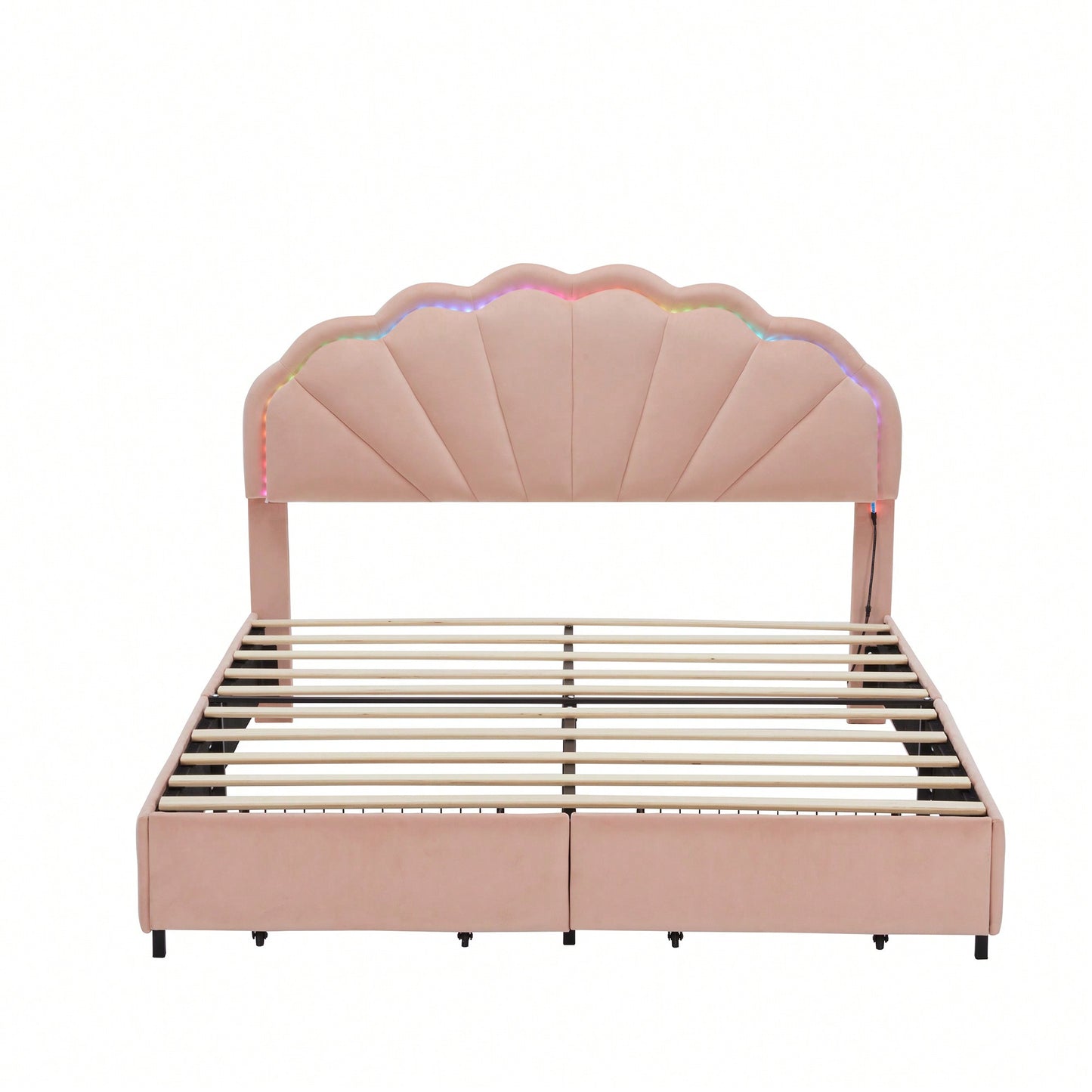 Full Size Upholstered Pink LED Bed Frame With Storage Drawers And Stylish Petal Headboard For Girls