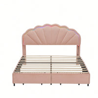 Full Size Upholstered Pink LED Bed Frame With Storage Drawers And Stylish Petal Headboard For Girls