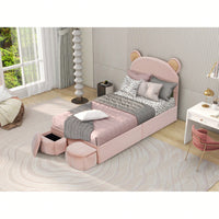 Twin Size Upholstered Platform Bed Frame With Cute Bear Ears Headboard For Kids And Teens Bedroom No Box Spring Required