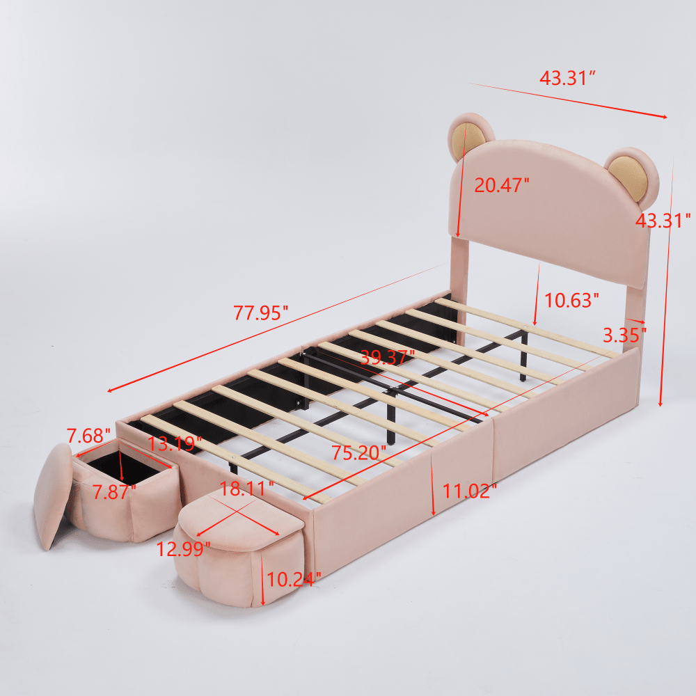 Twin Size Upholstered Platform Bed Frame With Cute Bear Ears Headboard For Kids And Teens Bedroom No Box Spring Required