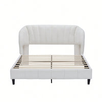 Luxurious Queen Size Velvet Wingback Bed Frame With Upholstered Platform And Sturdy Wooden Slats No Box Spring Required Easy Assembly Beige