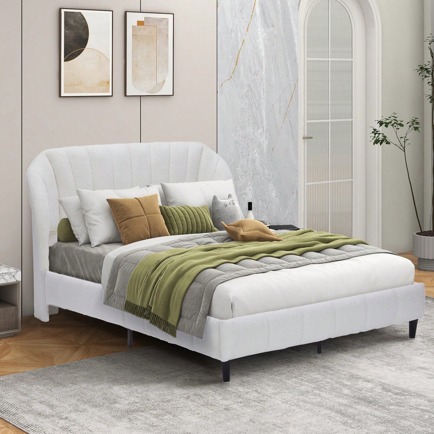 Luxurious Queen Size Velvet Wingback Bed Frame With Upholstered Platform And Sturdy Wooden Slats No Box Spring Required Easy Assembly Beige