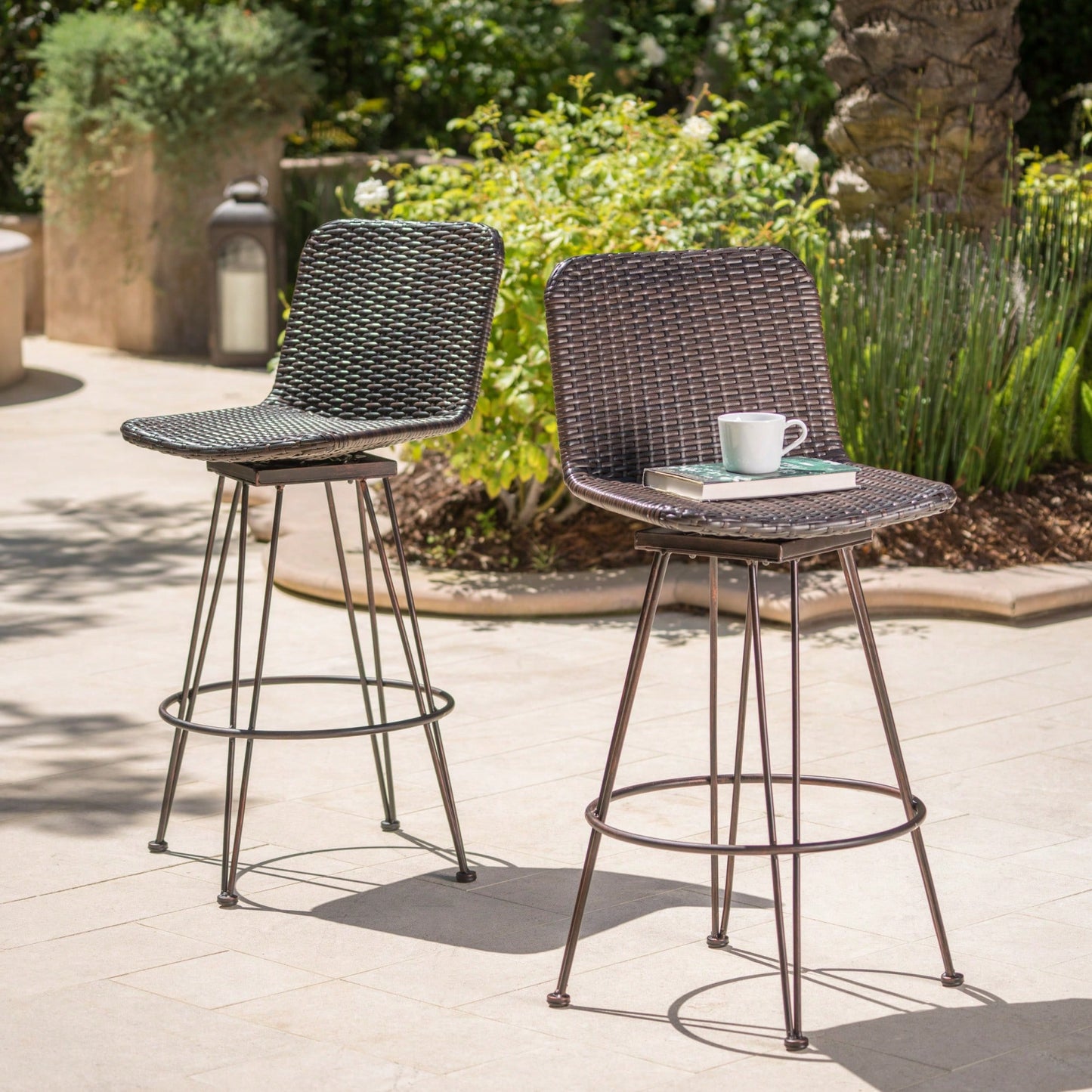 28 Inch Outdoor Rattan Barstools With Black Copper Iron Frame Set Of 2 Multibrown