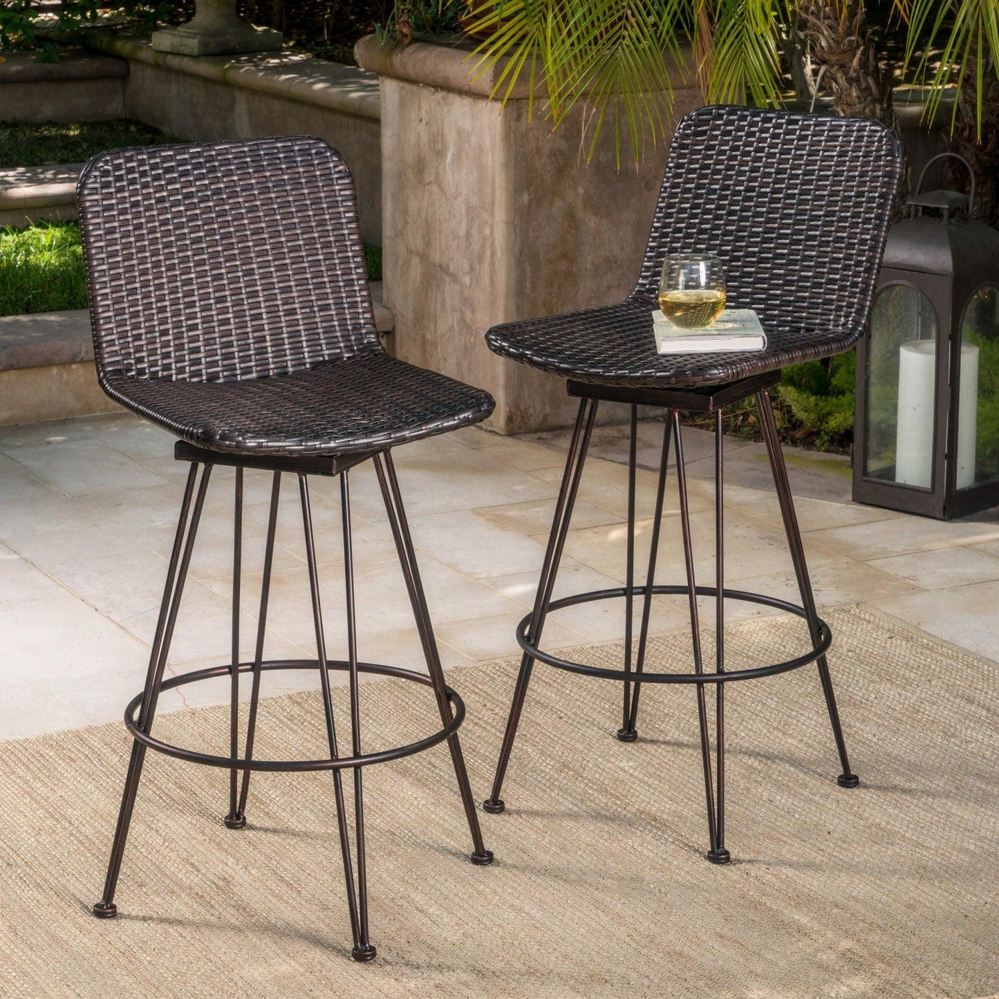 28 Inch Outdoor Rattan Barstools With Black Copper Iron Frame Set Of 2 Multibrown