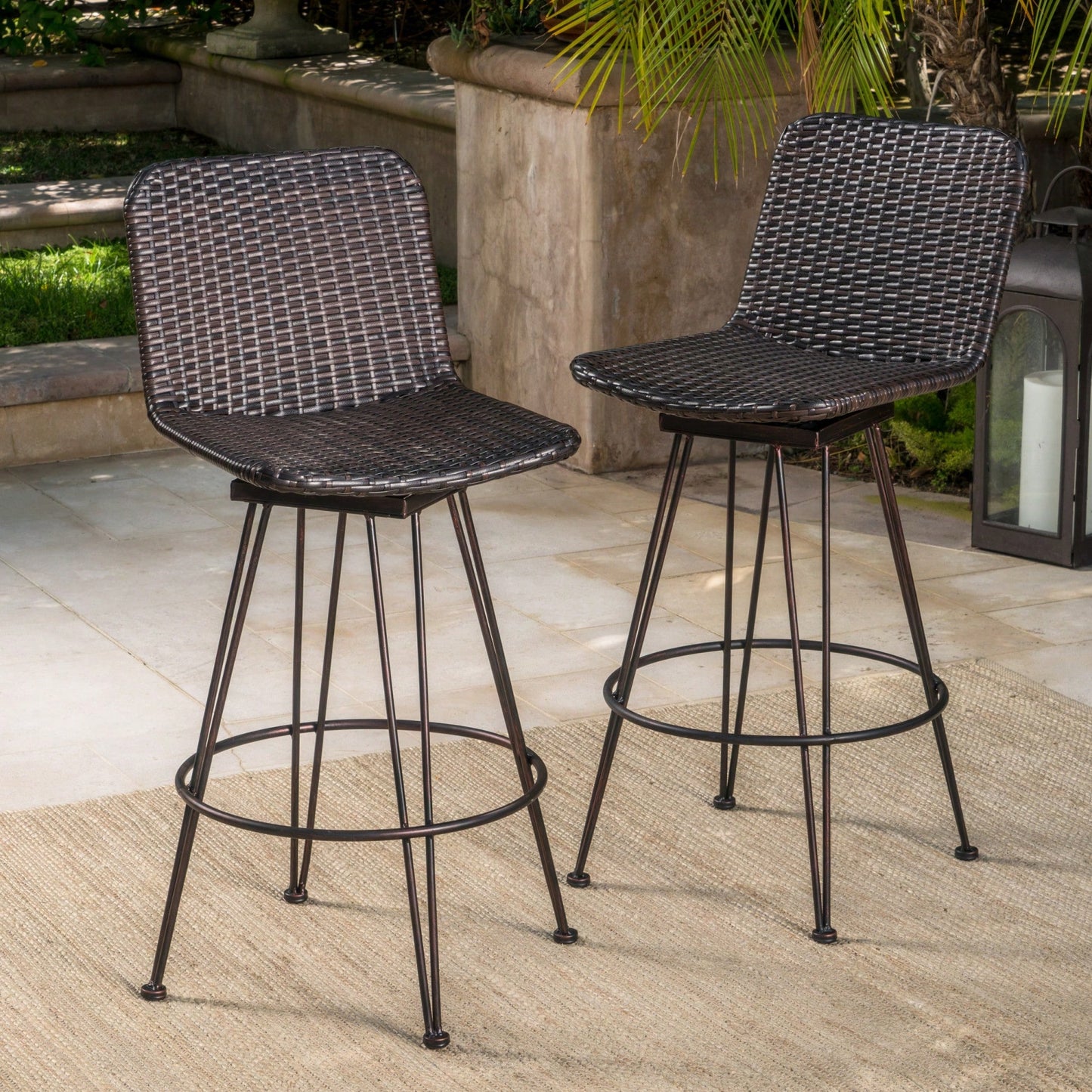 28 Inch Outdoor Rattan Barstools With Black Copper Iron Frame Set Of 2 Multibrown