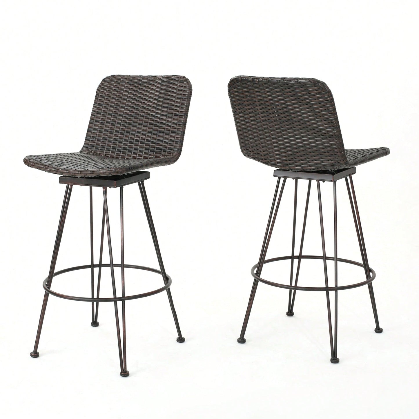 28 Inch Outdoor Rattan Barstools With Black Copper Iron Frame Set Of 2 Multibrown