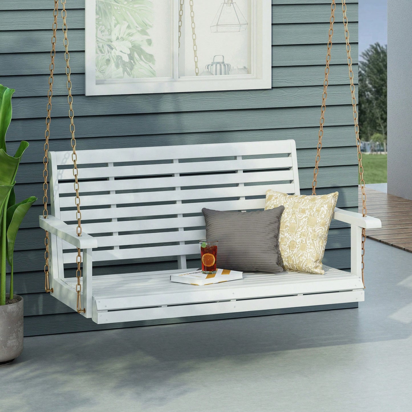 Outdoor Wooden Porch Swing With Cushions For Relaxation And Comfort