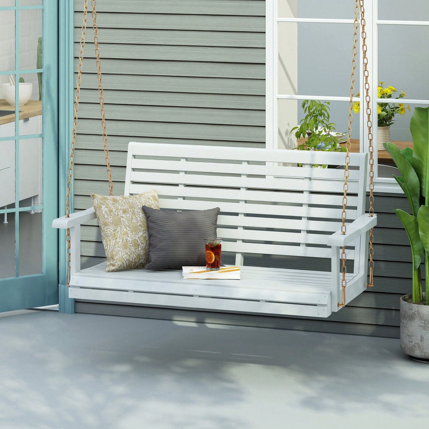 Outdoor Wooden Porch Swing With Cushions For Relaxation And Comfort