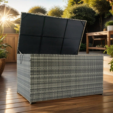 Large 200 Gallon Wicker Outdoor Storage Box For Cushions Toys And Towels - Weather Resistant Patio Deck Organizer With Lid