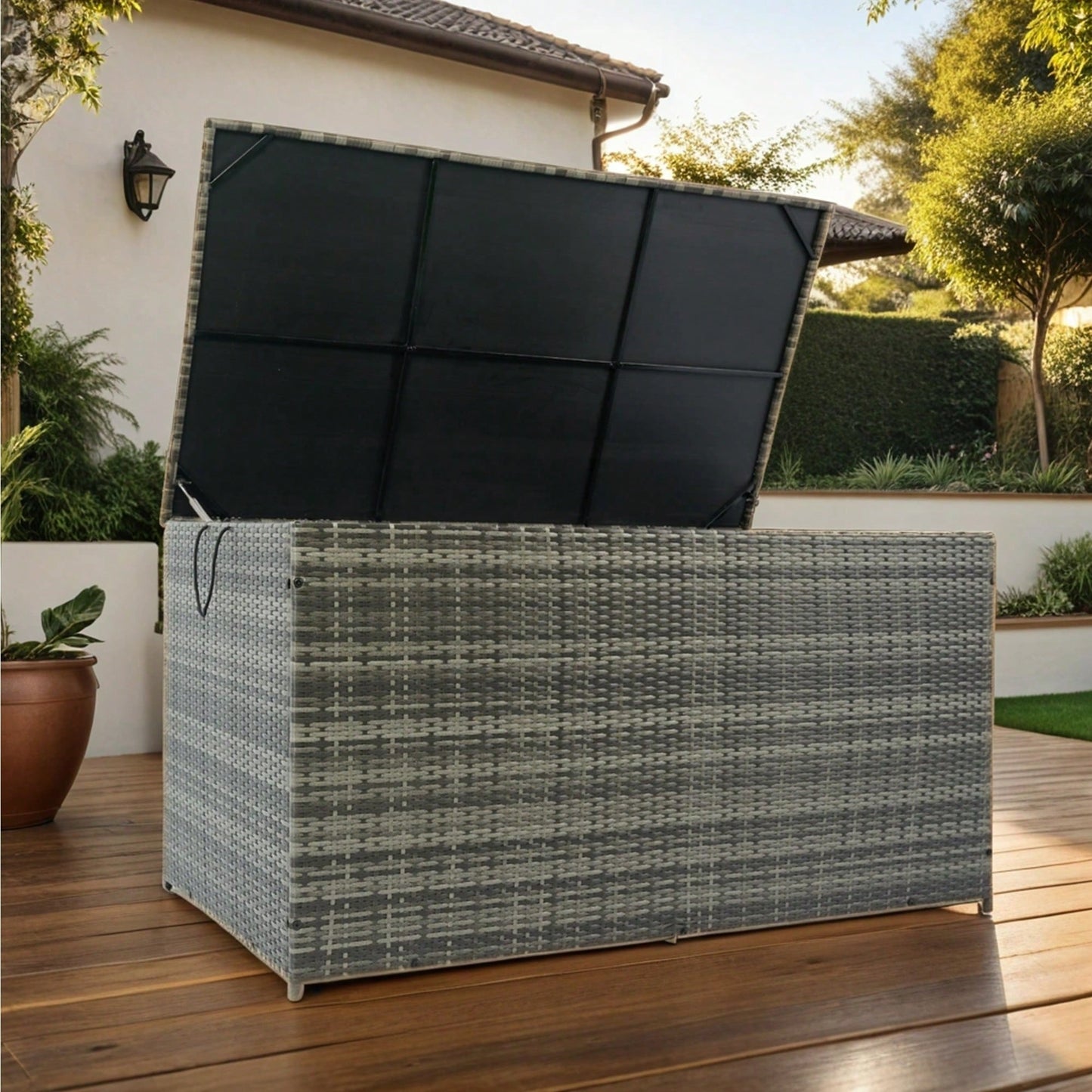 Large 200 Gallon Wicker Outdoor Storage Box For Cushions Toys And Towels - Weather Resistant Patio Deck Organizer With Lid