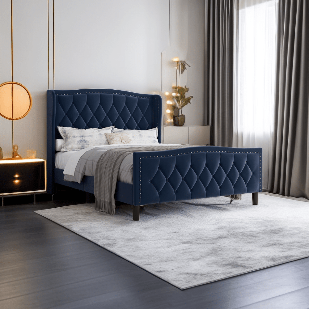 Modern Velvet Queen Size Upholstered Platform Bed With Wingback Headboard And Wood Slat Support Easy Assembly No Box Spring Required Blue