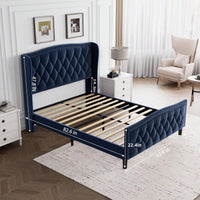 Modern Velvet Queen Size Upholstered Platform Bed With Wingback Headboard And Wood Slat Support Easy Assembly No Box Spring Required Blue