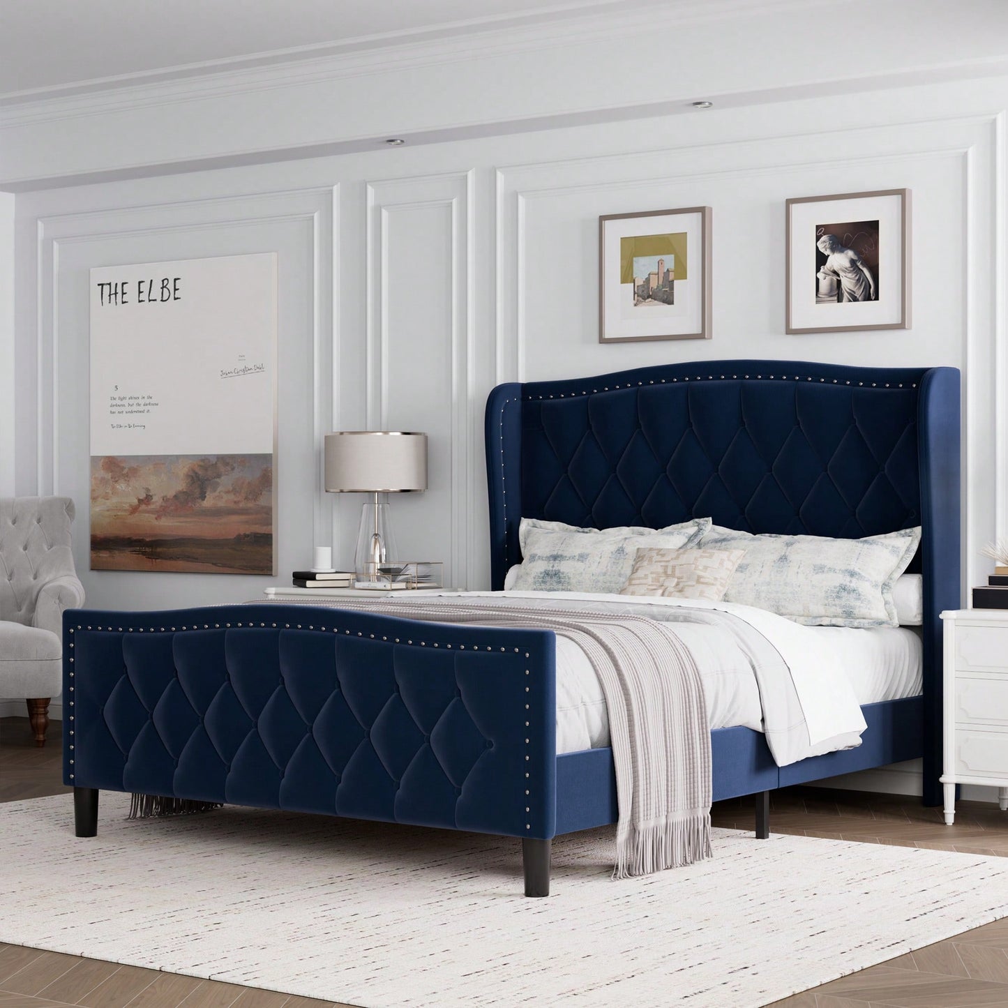 Modern Velvet Queen Size Upholstered Platform Bed With Wingback Headboard And Wood Slat Support Easy Assembly No Box Spring Required Blue