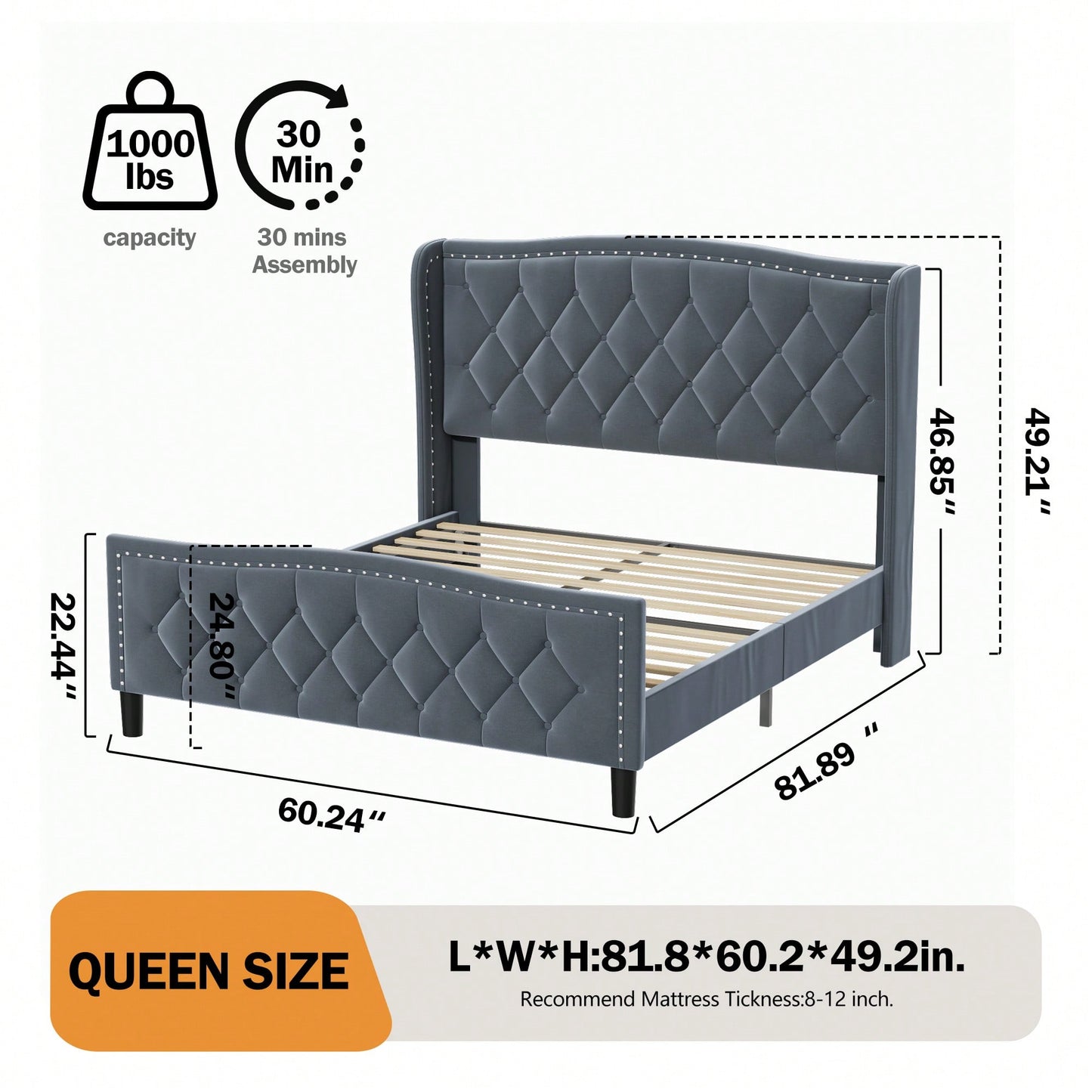 Modern Velvet Queen Size Upholstered Platform Bed With Wingback Headboard And Wood Slat Support Easy Assembly No Box Spring Required Blue