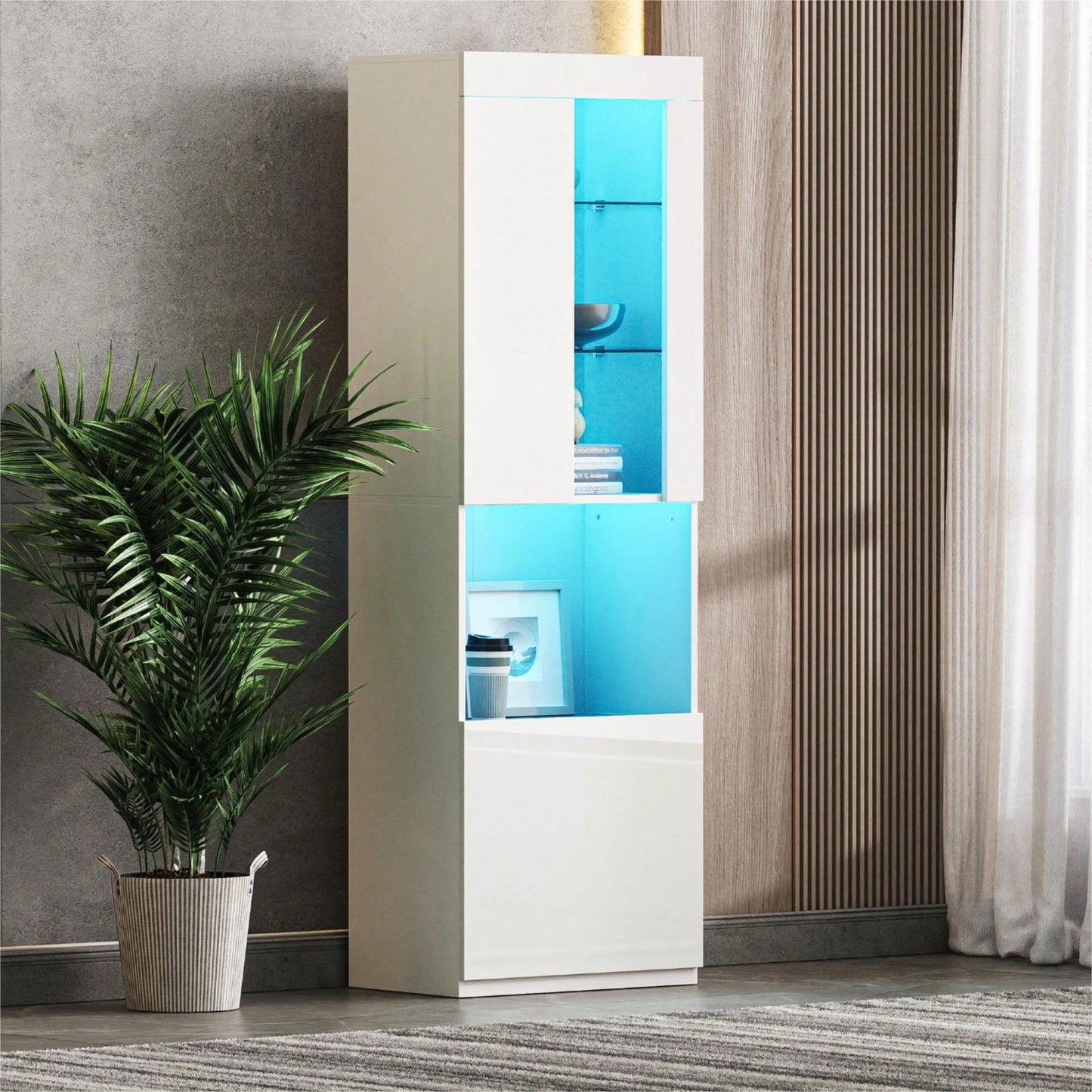 Modern High Gloss 67 Inch Tall Storage Cabinet with LED Lights Acrylic Doors Open Countertop Tempered Glass Shelves for Living Room White