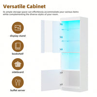 Modern High Gloss 67 Inch Tall Storage Cabinet with LED Lights Acrylic Doors Open Countertop Tempered Glass Shelves for Living Room White