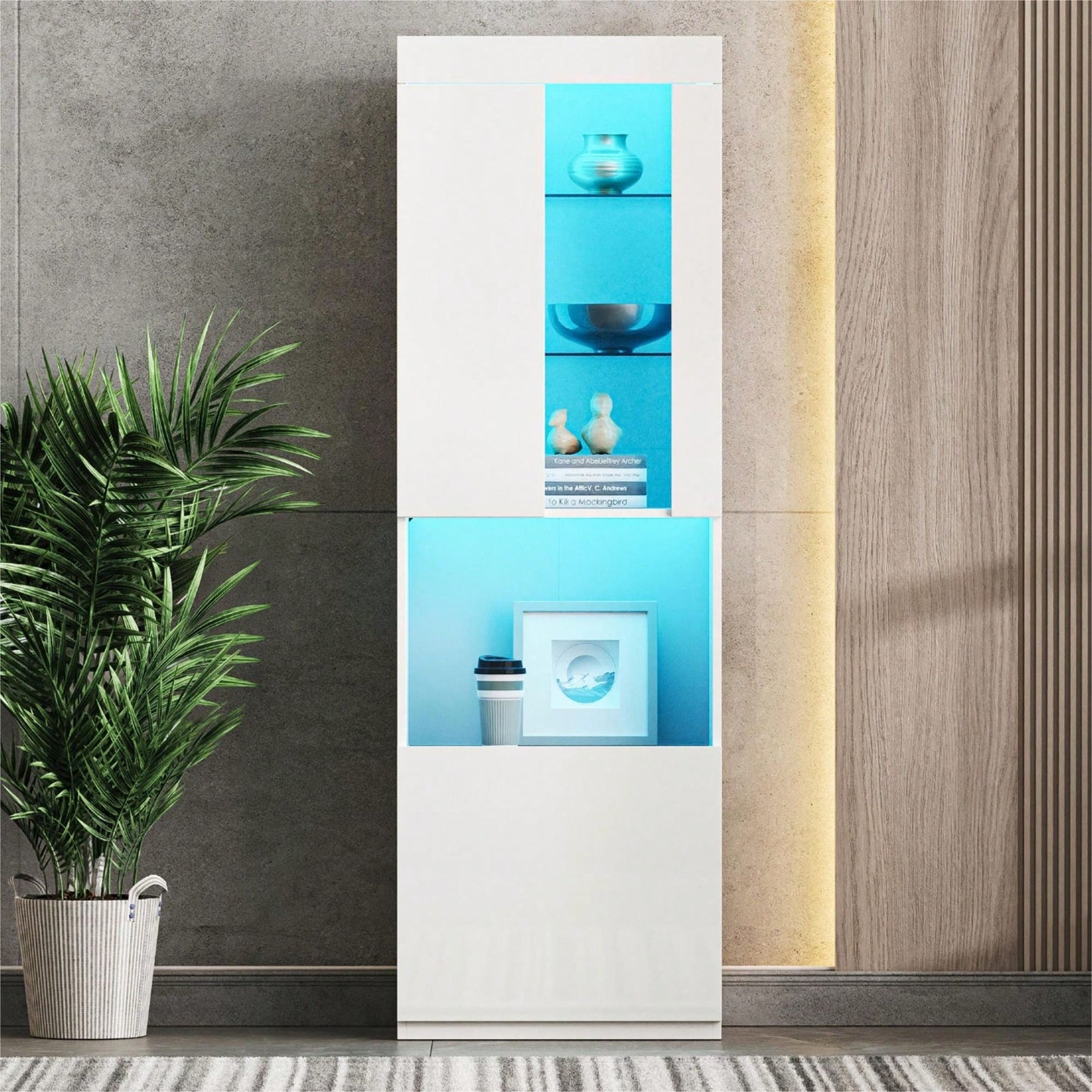 Modern High Gloss 67 Inch Tall Storage Cabinet with LED Lights Acrylic Doors Open Countertop Tempered Glass Shelves for Living Room White