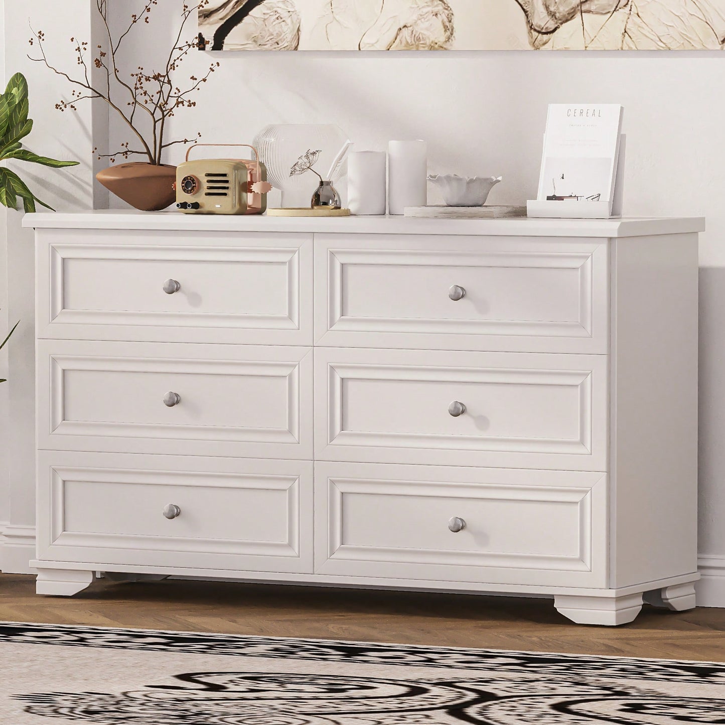 Elegant 6 Drawer Wooden Dresser Retro Style Storage Cabinet With Metal Handles For Bedroom In White