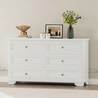 Elegant 6 Drawer Wooden Dresser Retro Style Storage Cabinet With Metal Handles For Bedroom In White