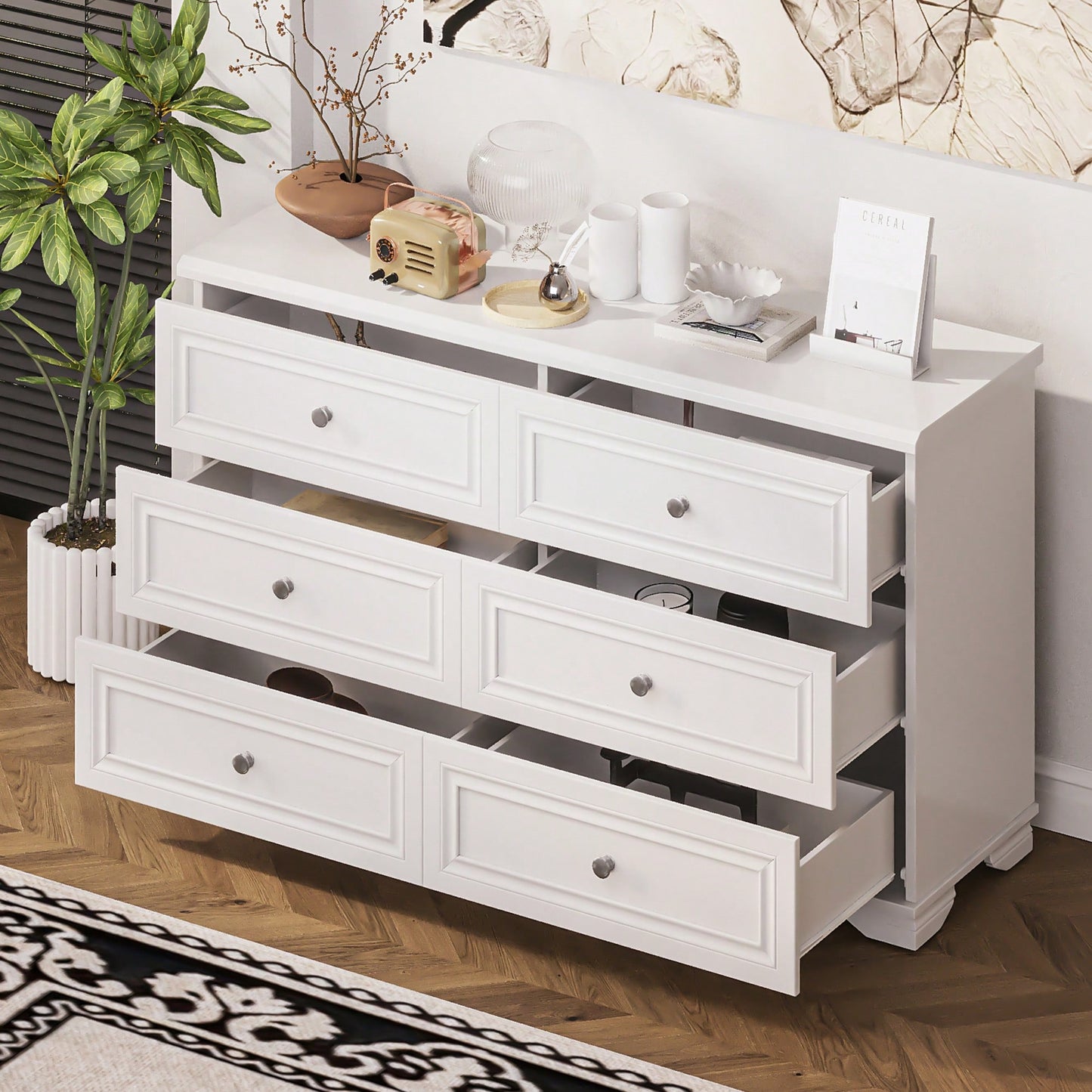 Elegant 6 Drawer Wooden Dresser Retro Style Storage Cabinet With Metal Handles For Bedroom In White