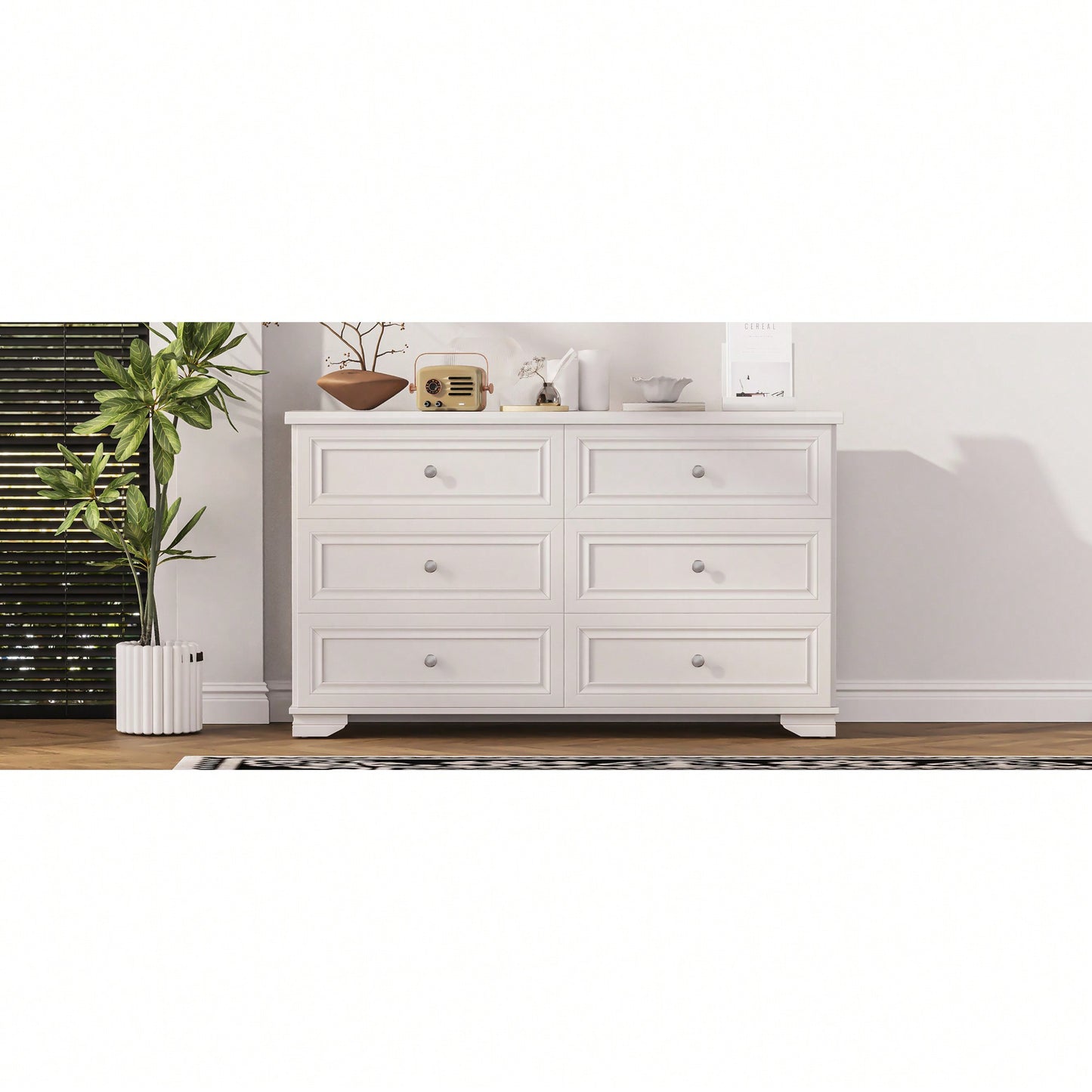 Elegant 6 Drawer Wooden Dresser Retro Style Storage Cabinet With Metal Handles For Bedroom In White