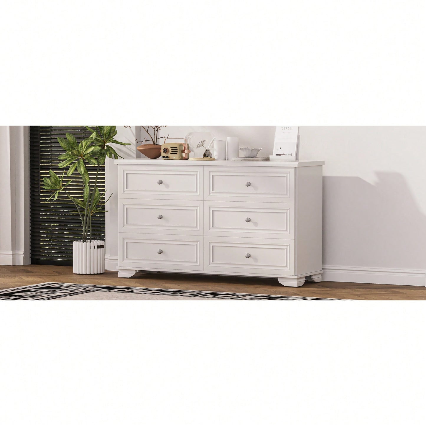 Elegant 6 Drawer Wooden Dresser Retro Style Storage Cabinet With Metal Handles For Bedroom In White