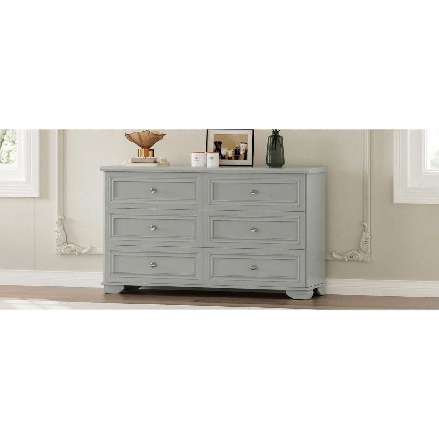 Elegant 6 Drawer Wooden Dresser Retro Style Storage Cabinet With Metal Handles For Bedroom In White