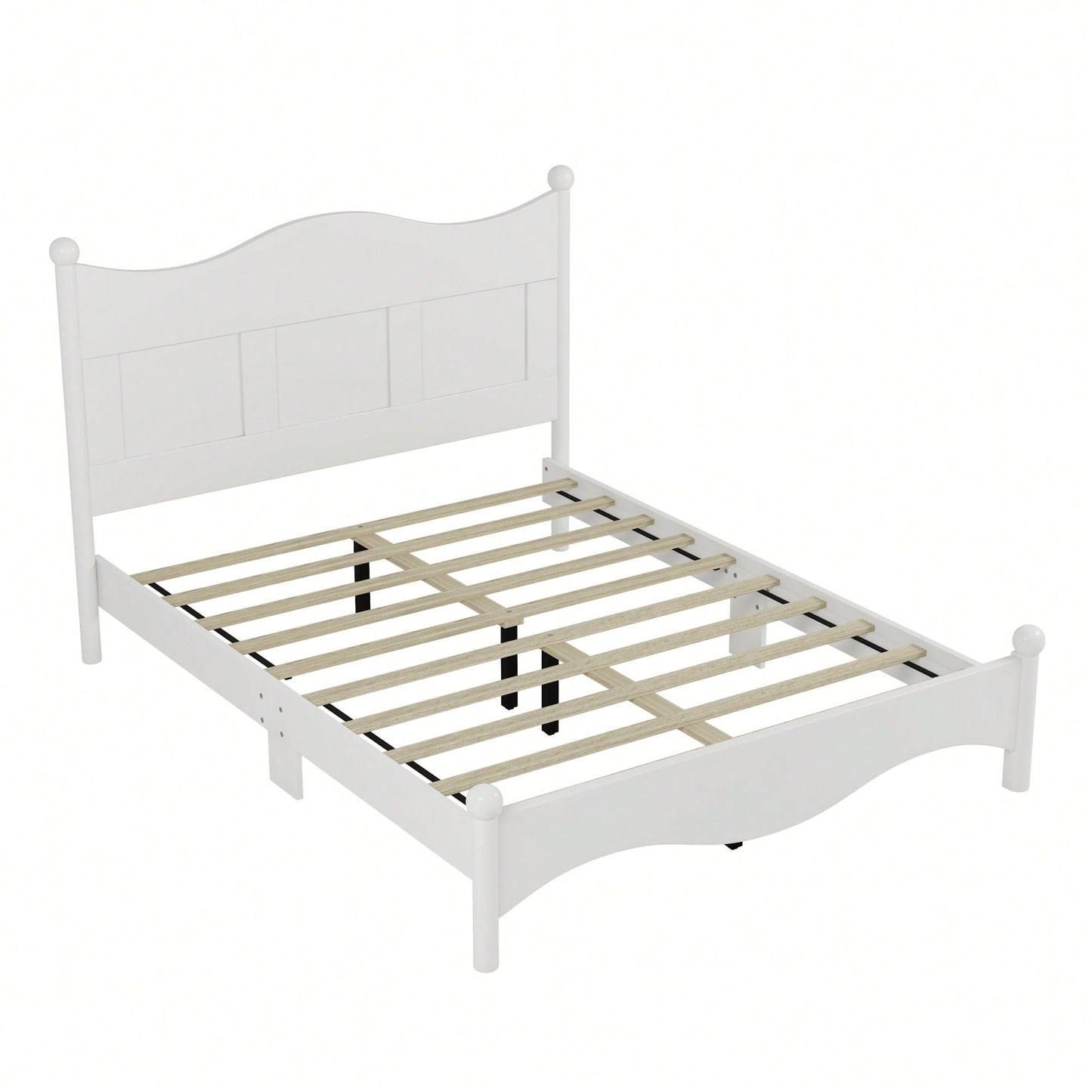 Elegant Retro Style Queen Size Wood Platform Bed Frame With Wooden Slat Support In White