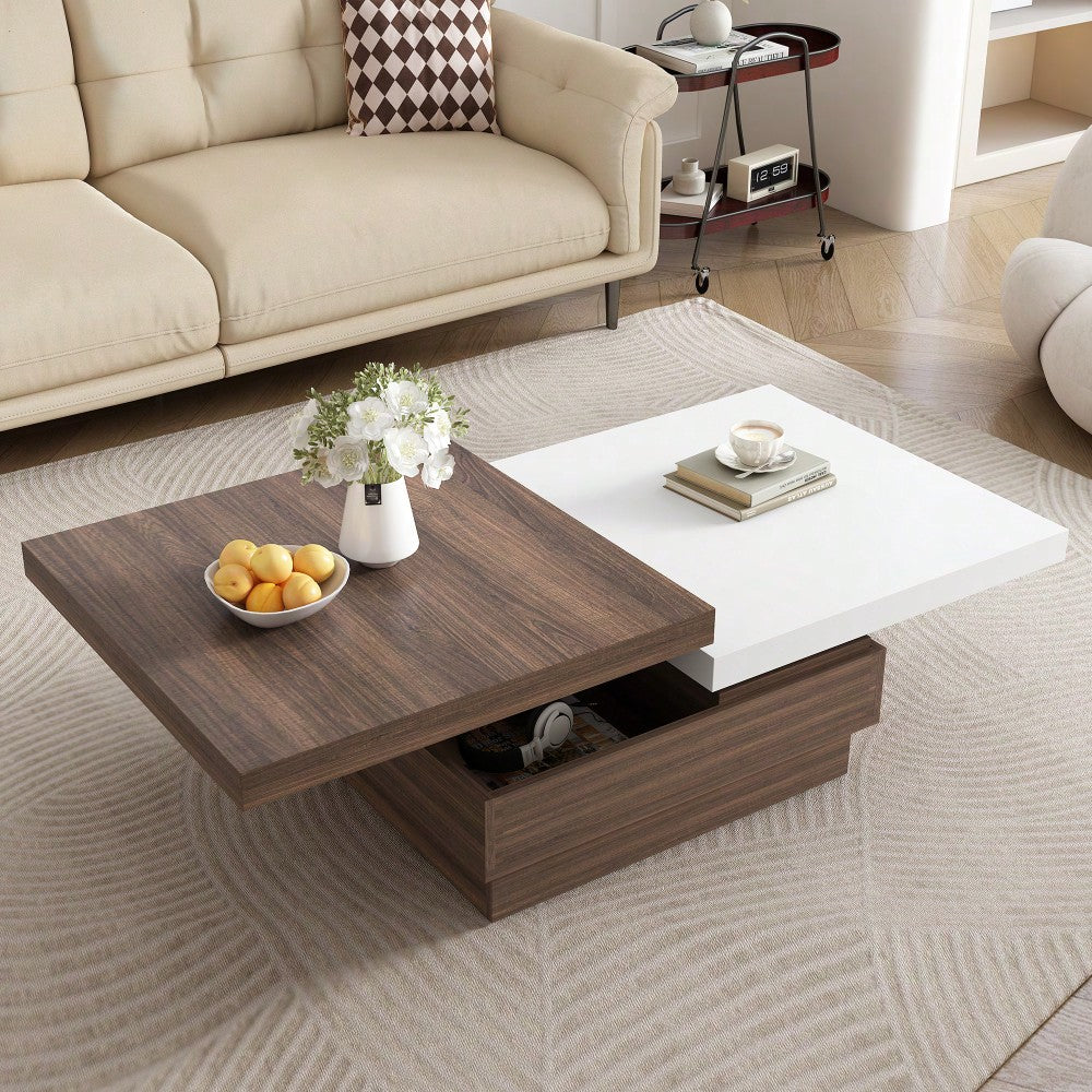 Modern Rotatable Square Coffee Table With Wood Grain Finish And Hidden Storage For Living Room Black And Brown