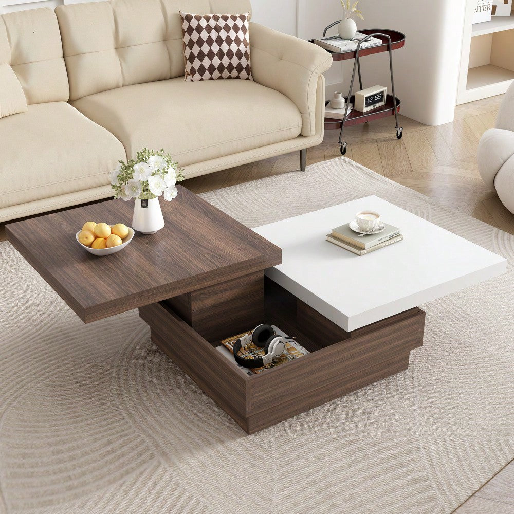 Modern Rotatable Square Coffee Table With Wood Grain Finish And Hidden Storage For Living Room Black And Brown