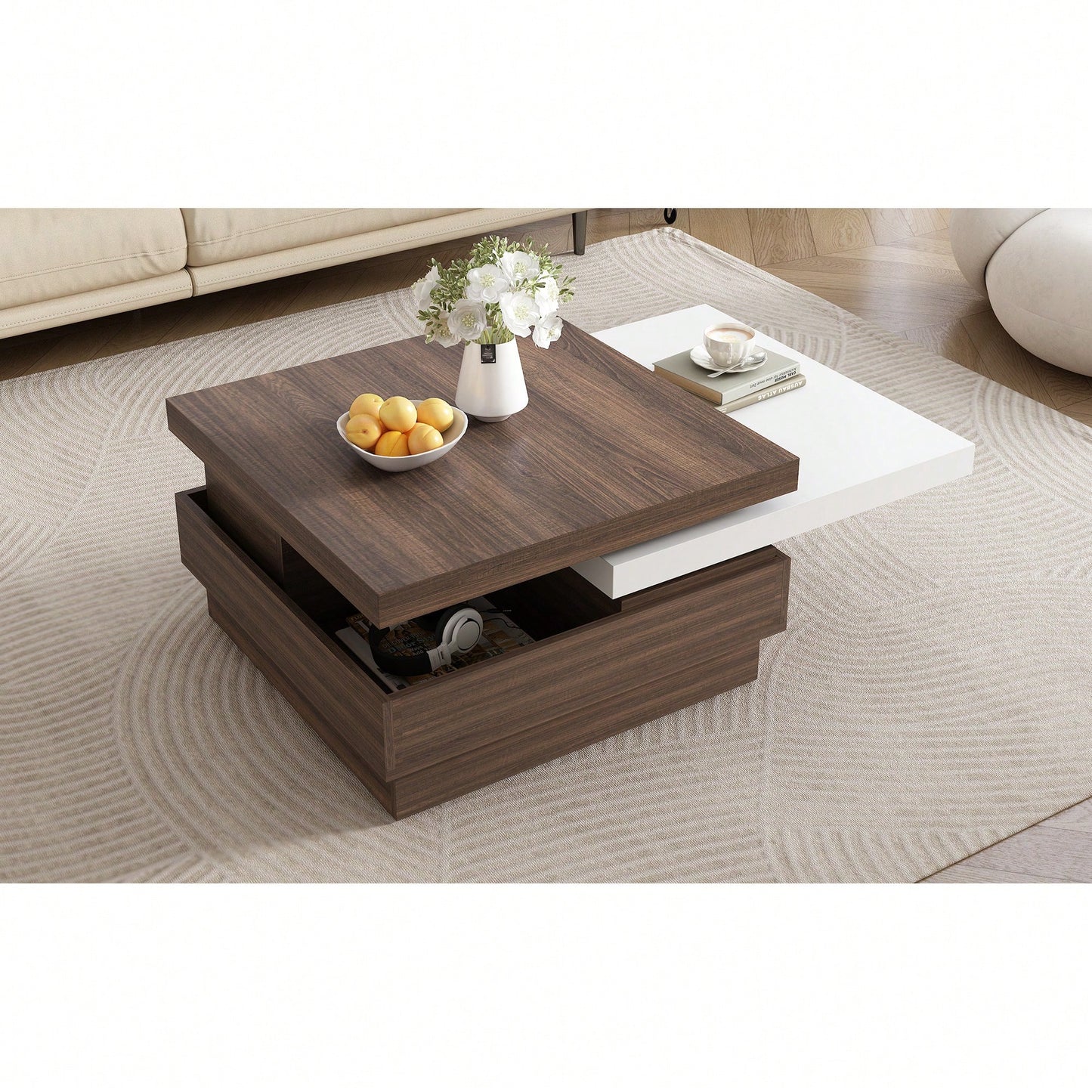 Modern Rotatable Square Coffee Table With Wood Grain Finish And Hidden Storage For Living Room Black And Brown