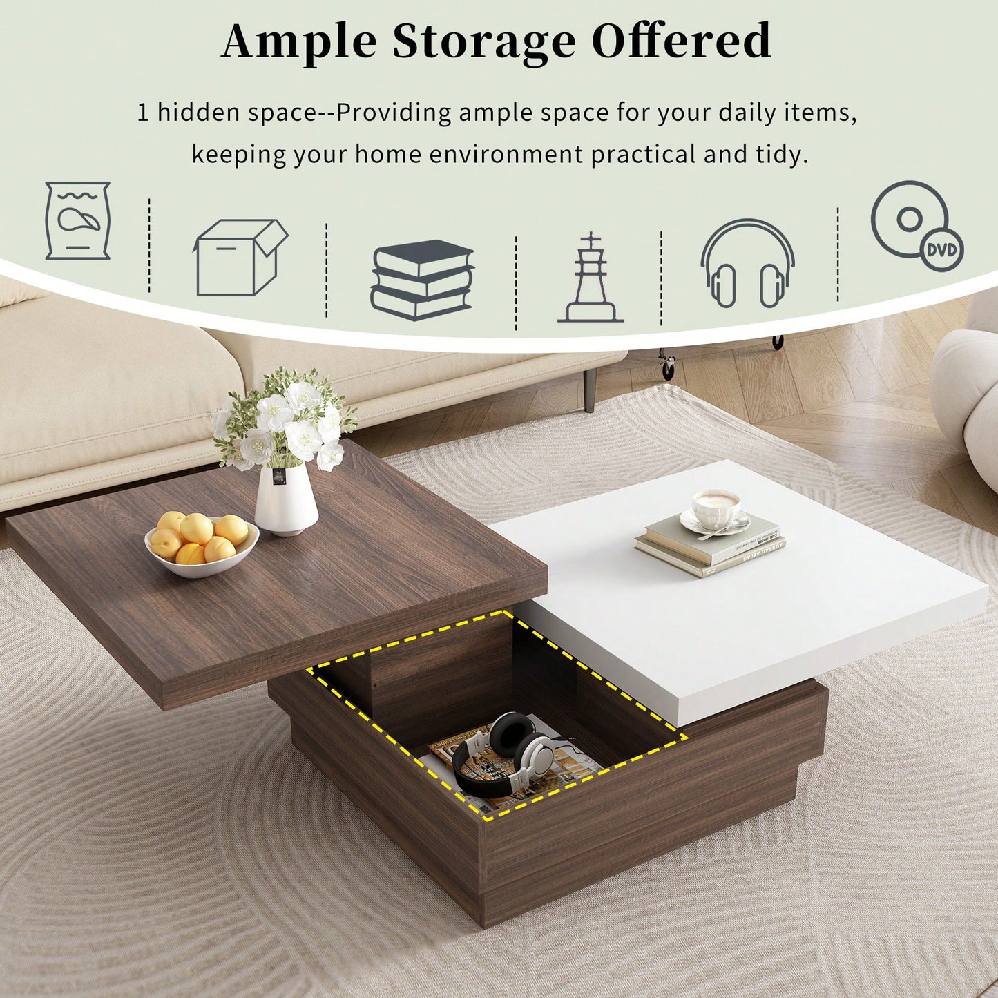 Modern Rotatable Square Coffee Table With Wood Grain Finish And Hidden Storage For Living Room Black And Brown