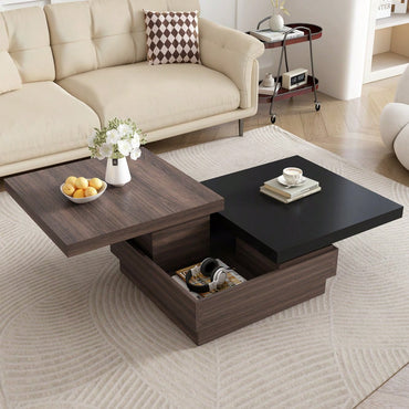 Modern Rotatable Square Coffee Table With Wood Grain Finish And Hidden Storage For Living Room Black And Brown