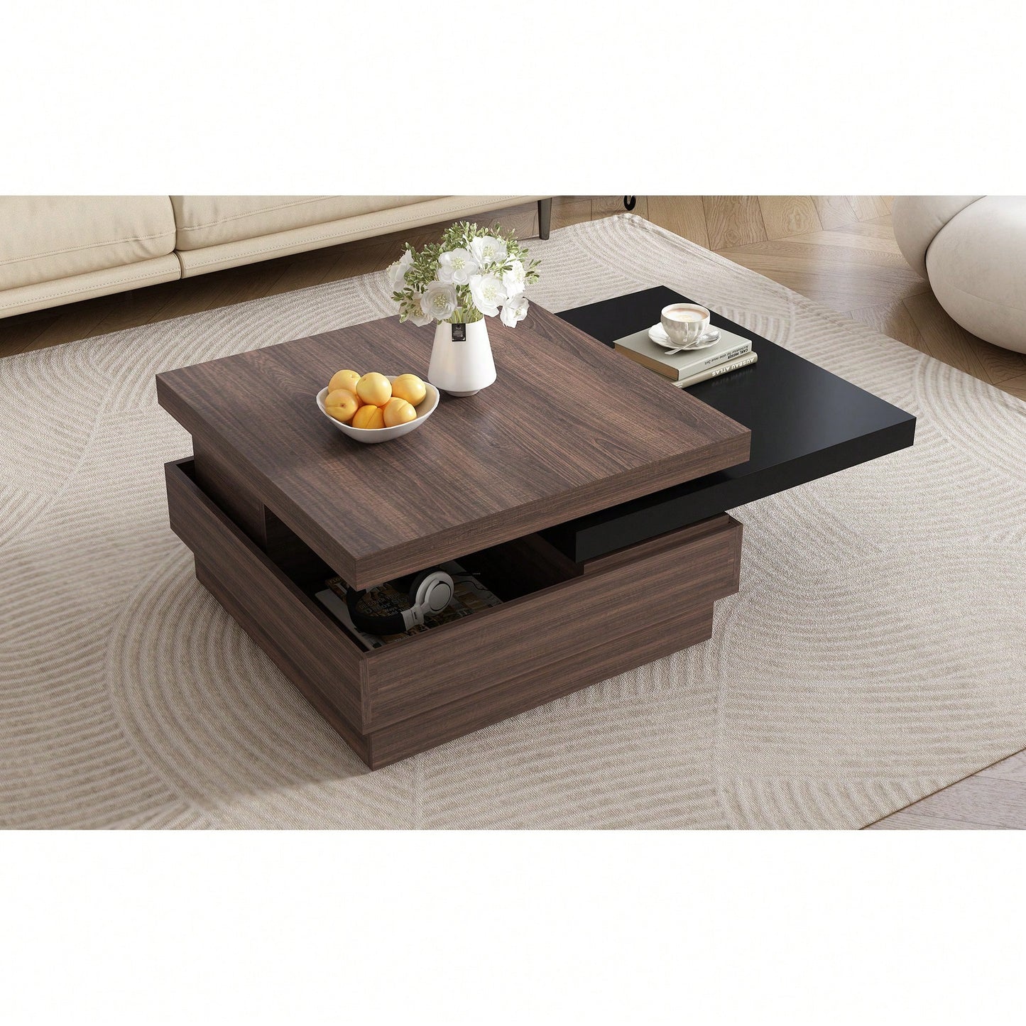 Modern Rotatable Square Coffee Table With Wood Grain Finish And Hidden Storage For Living Room Black And Brown