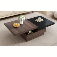 Modern Rotatable Square Coffee Table With Wood Grain Finish And Hidden Storage For Living Room Black And Brown