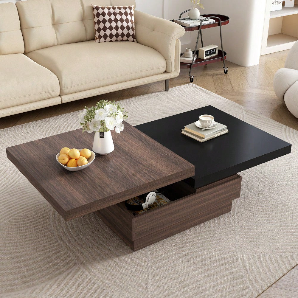 Modern Rotatable Square Coffee Table With Wood Grain Finish And Hidden Storage For Living Room Black And Brown