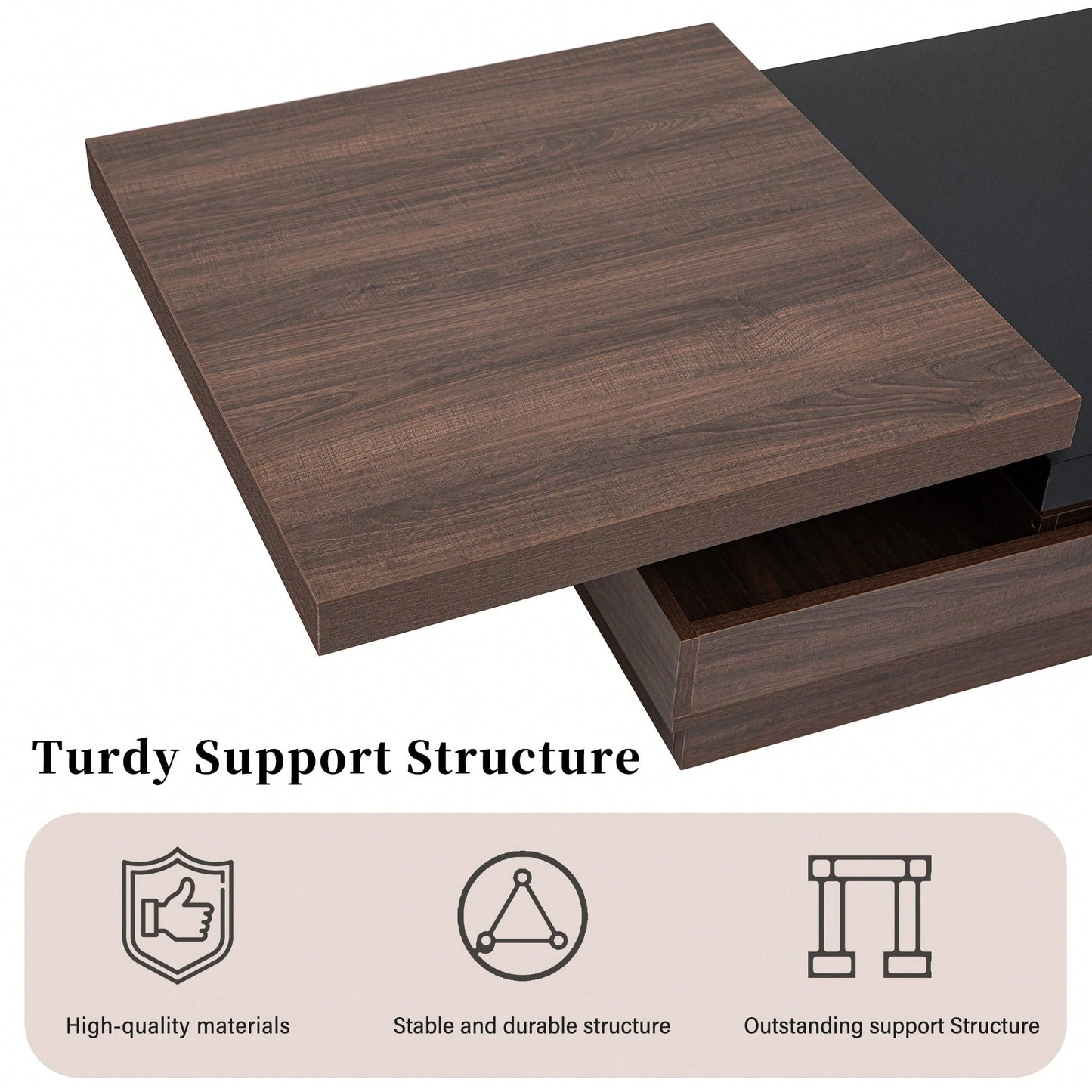 Modern Rotatable Square Coffee Table With Wood Grain Finish And Hidden Storage For Living Room Black And Brown