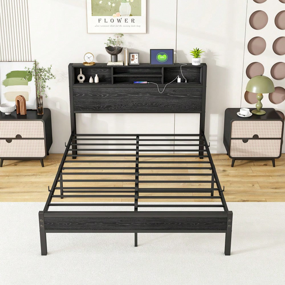 Full Size Metal Platform Bed Frame with Storage Headboard and Charging Station Easy Assembly Noise-Free Design No Box Spring Required Black