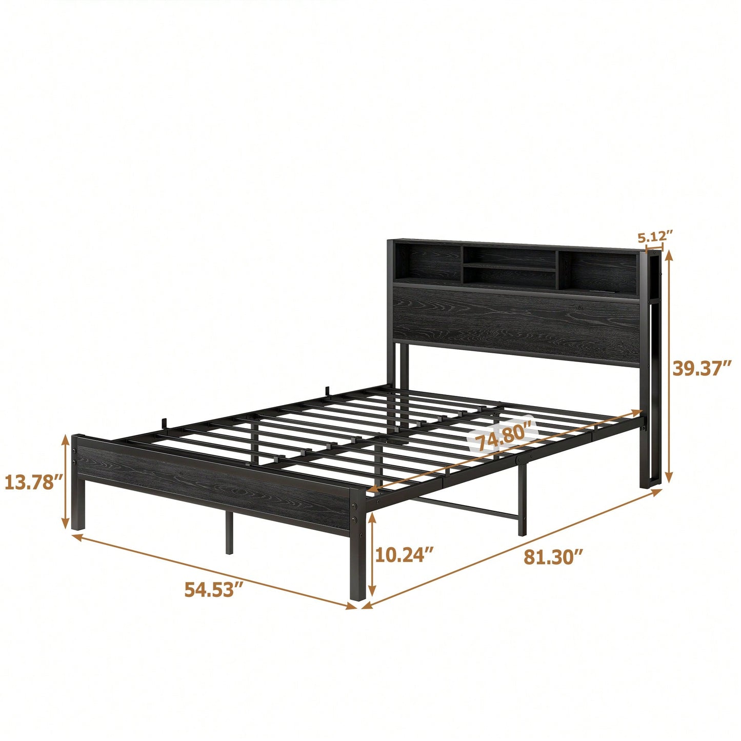 Full Size Metal Platform Bed Frame with Storage Headboard and Charging Station Easy Assembly Noise-Free Design No Box Spring Required Black