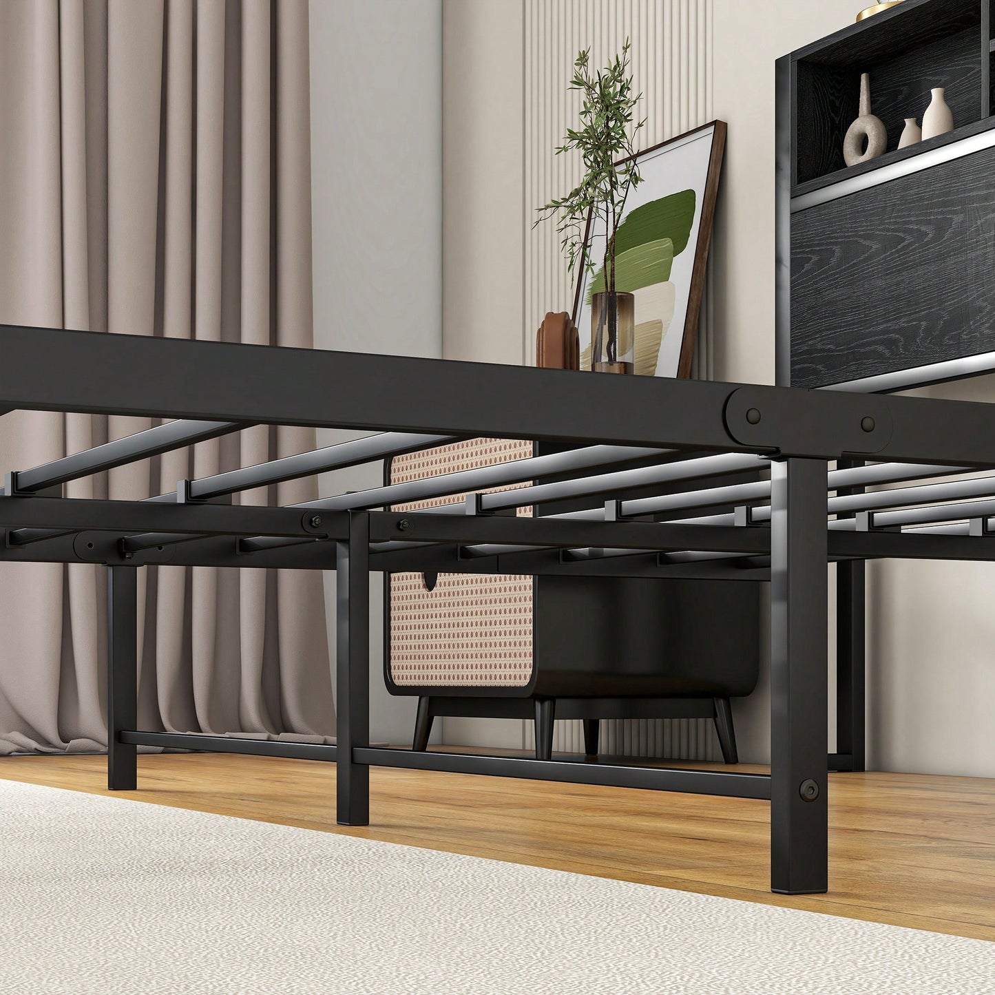 Full Size Metal Platform Bed Frame with Storage Headboard and Charging Station Easy Assembly Noise-Free Design No Box Spring Required Black