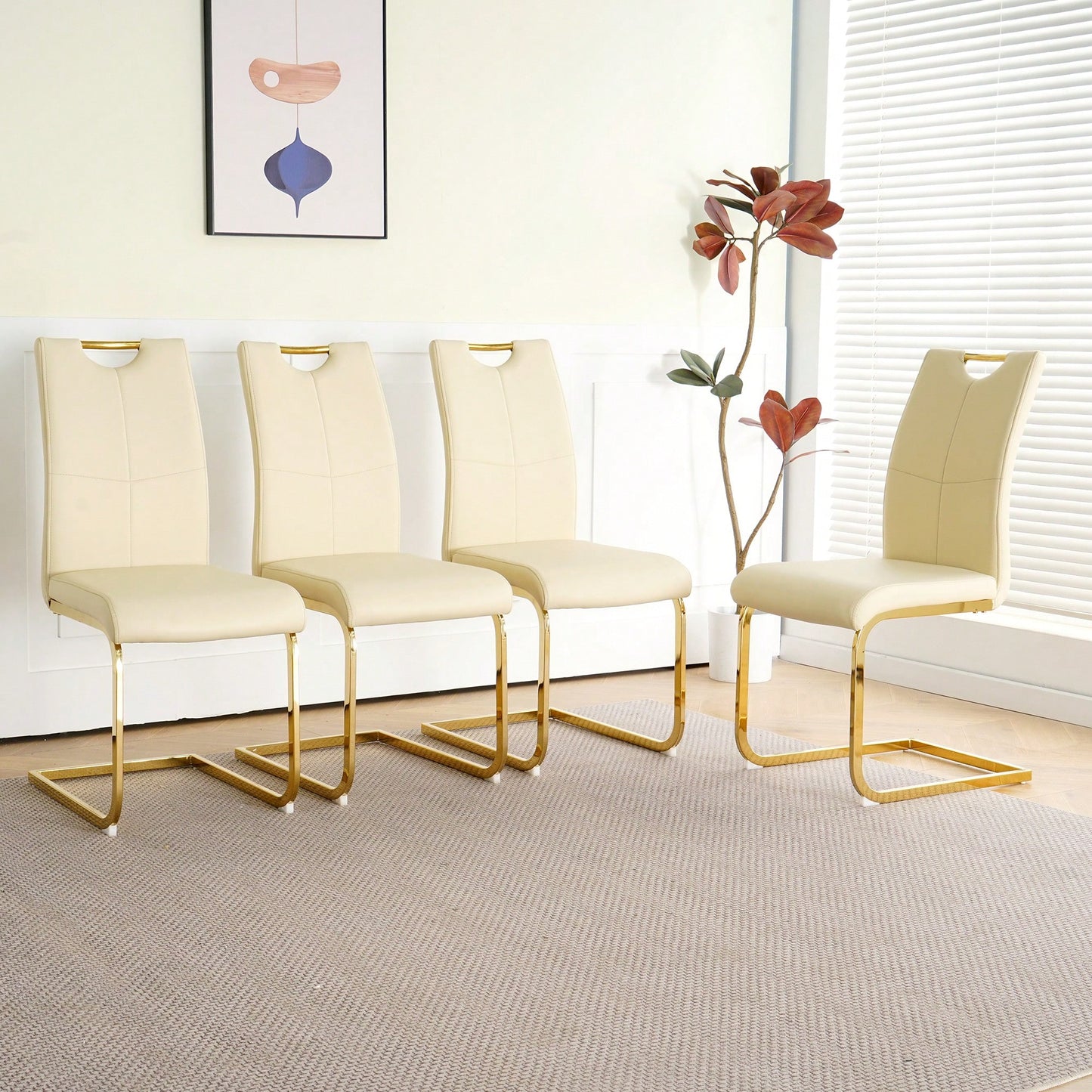 Elegant Light Yellow PU Upholstered Dining Chairs With Gold Metal Legs Set Of 4 For Kitchen Living Room Bedroom