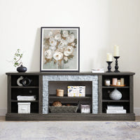 Modern Large TV Stand With Faux Stacked Stone Design And Ample Storage Space, 70.12" Wide Entertainment Center In Grey