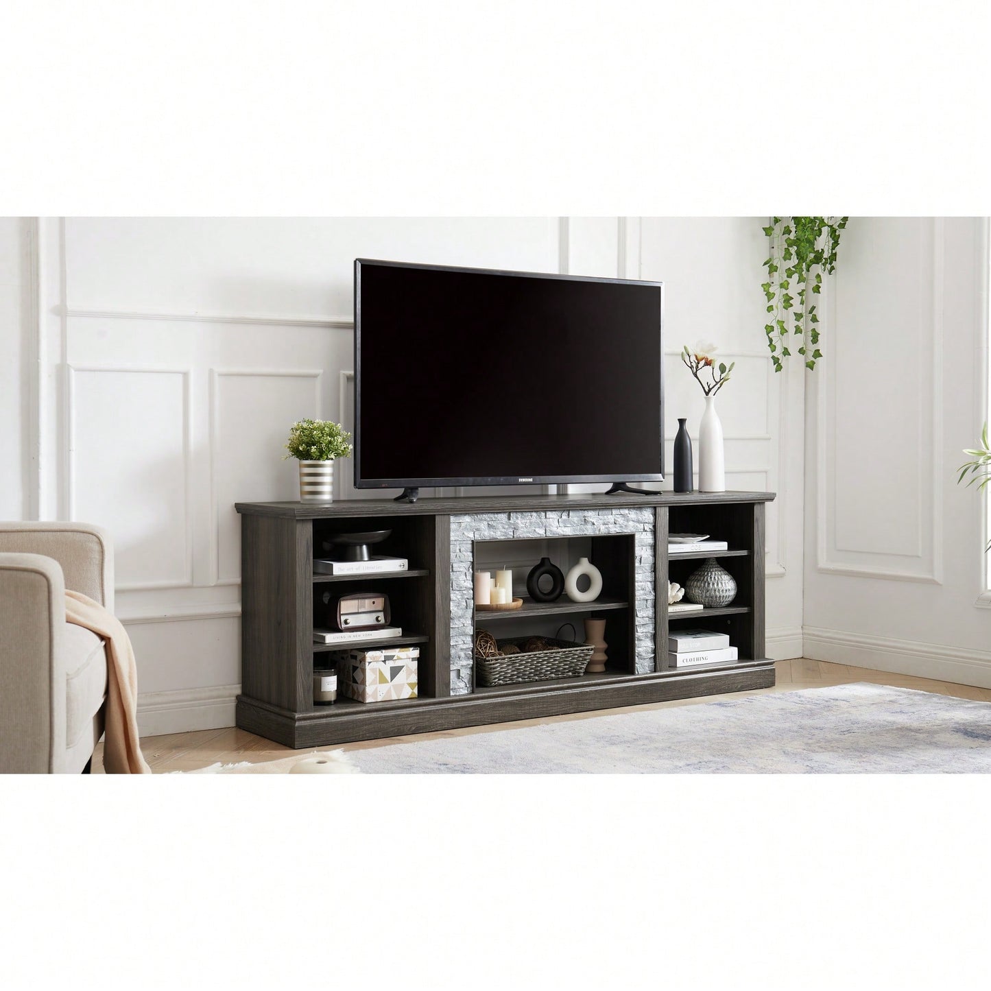 Modern Large TV Stand With Faux Stacked Stone Design And Ample Storage Space, 70.12" Wide Entertainment Center In Grey