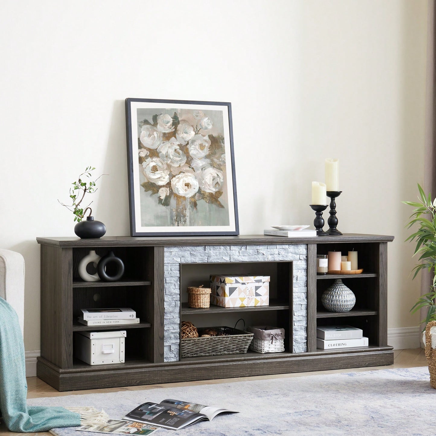 Modern Large TV Stand With Faux Stacked Stone Design And Ample Storage Space, 70.12" Wide Entertainment Center In Grey