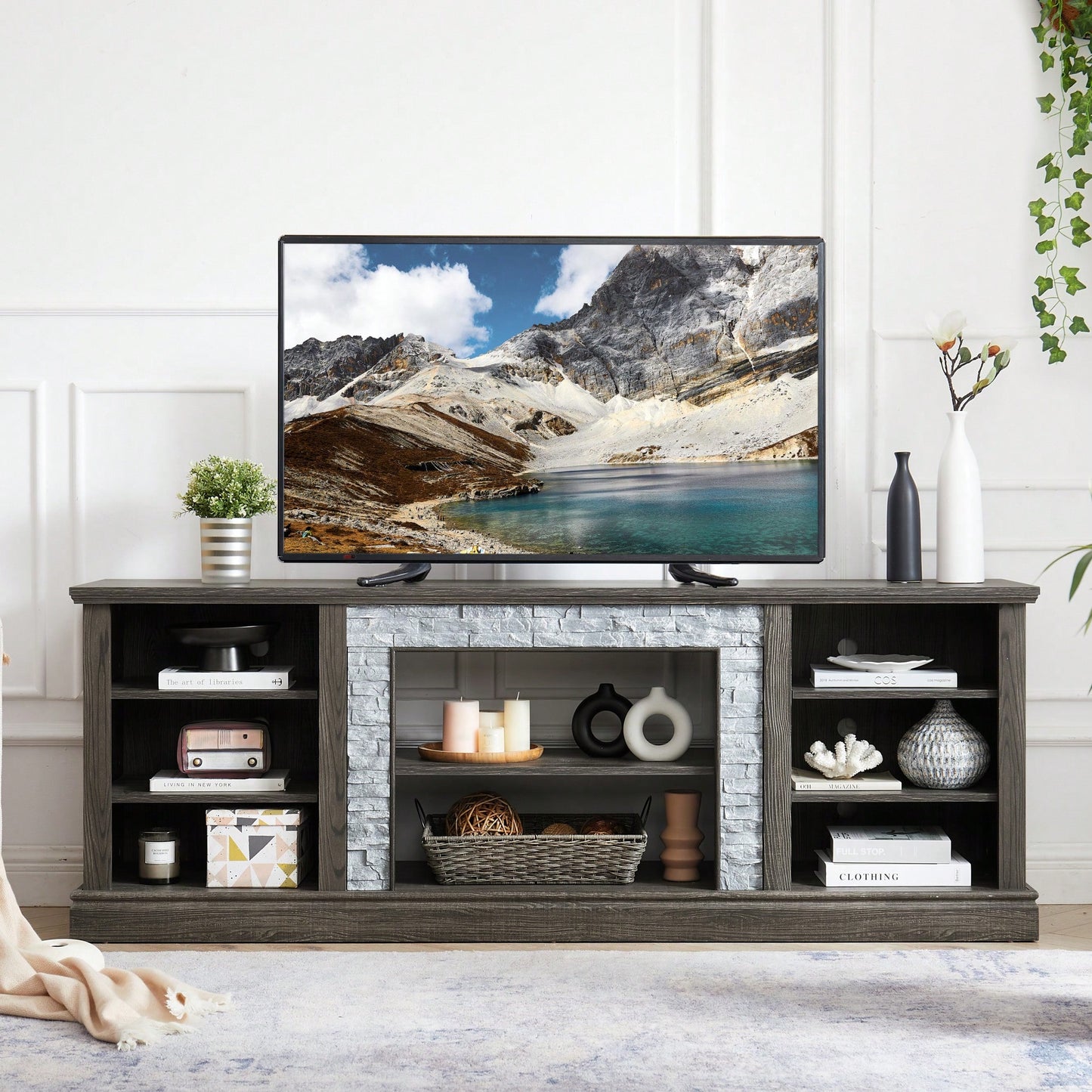 Modern Large TV Stand With Faux Stacked Stone Design And Ample Storage Space, 70.12" Wide Entertainment Center In Grey