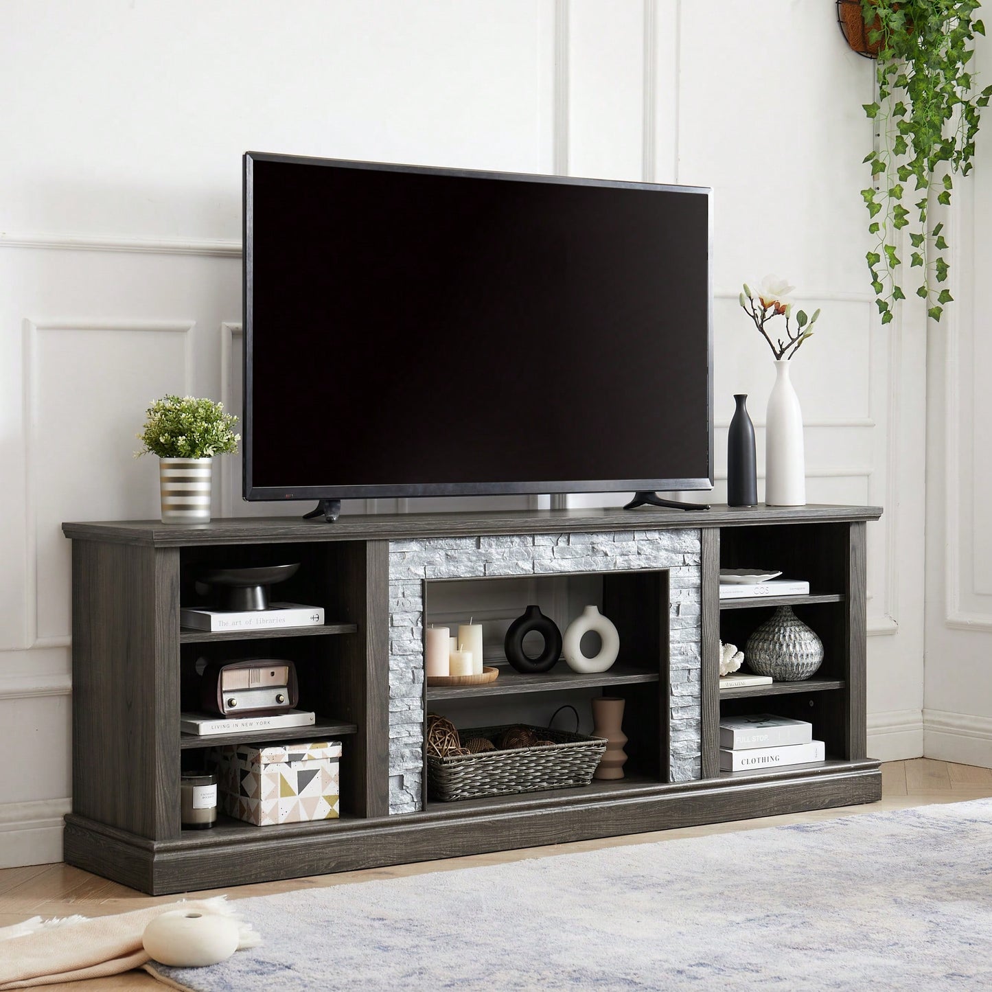 Modern Large TV Stand With Faux Stacked Stone Design And Ample Storage Space, 70.12" Wide Entertainment Center In Grey