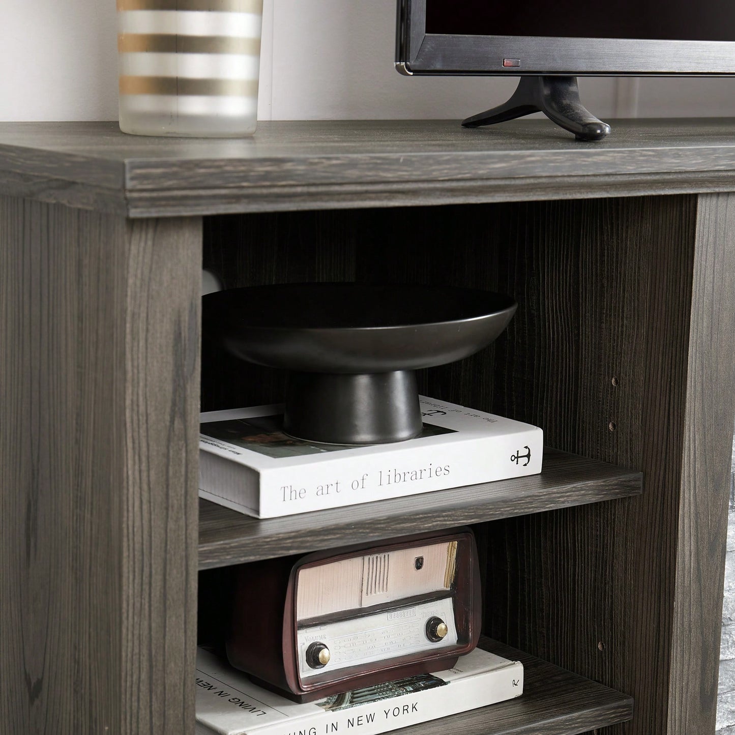 Modern Large TV Stand With Faux Stacked Stone Design And Ample Storage Space, 70.12" Wide Entertainment Center In Grey