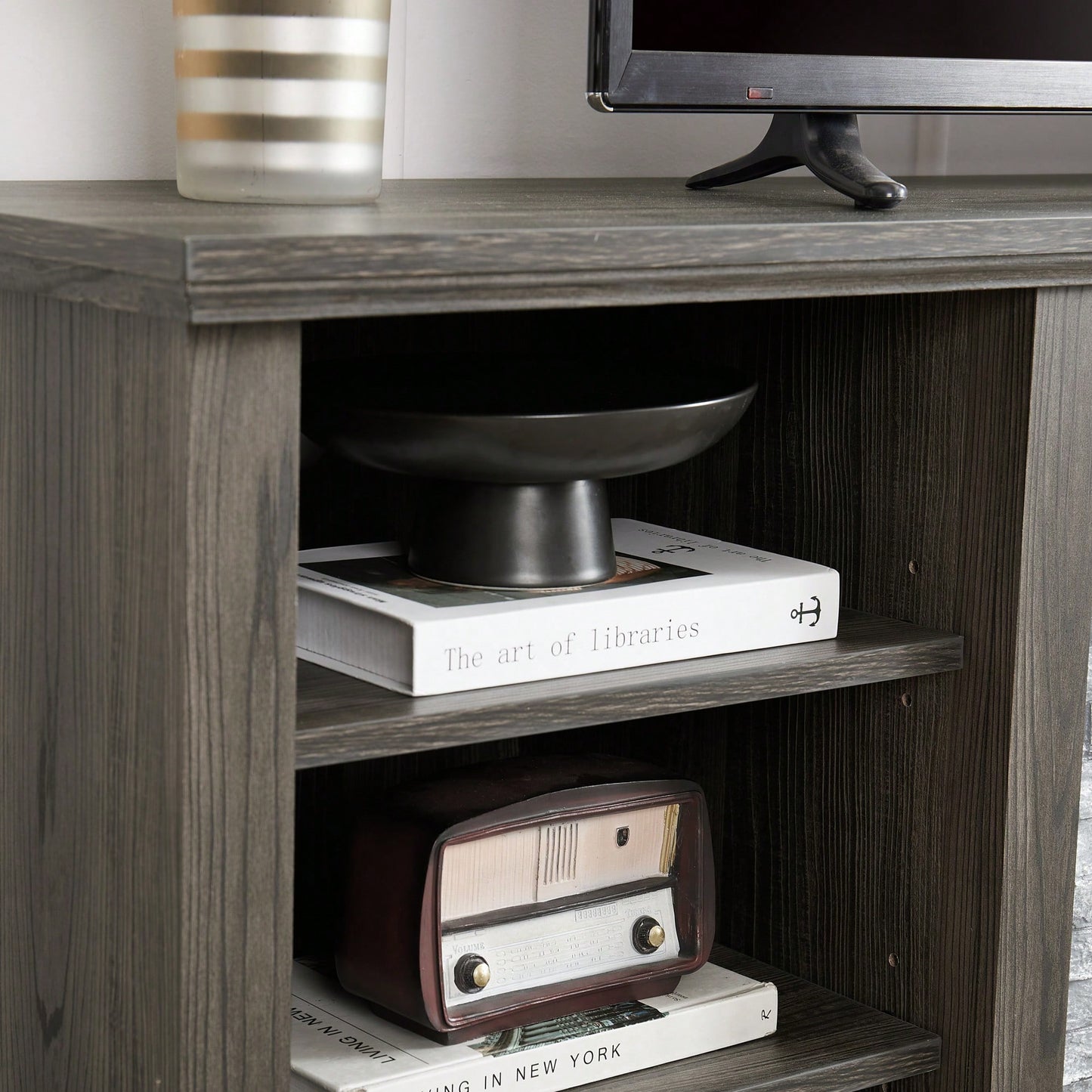 Modern Large TV Stand With Faux Stacked Stone Design And Ample Storage Space, 70.12" Wide Entertainment Center In Grey